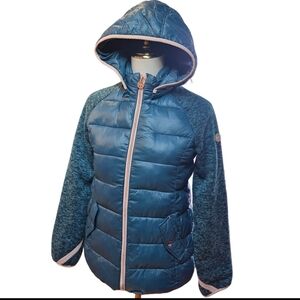 MICHAEL Michael Kors Blue & Pink Puffer Coat With Knit Sleeves Size 16 Teen